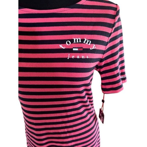 Tommy Jeans Pink and Navy Striped T-Shirt Dress Scoop Back | Size Large - Picture 2 of 6
